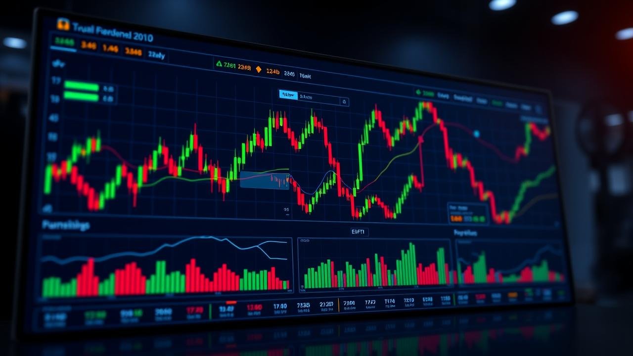 ETF와 주식 시장 차트가 표시된 세련된 금융 대시보드 화면